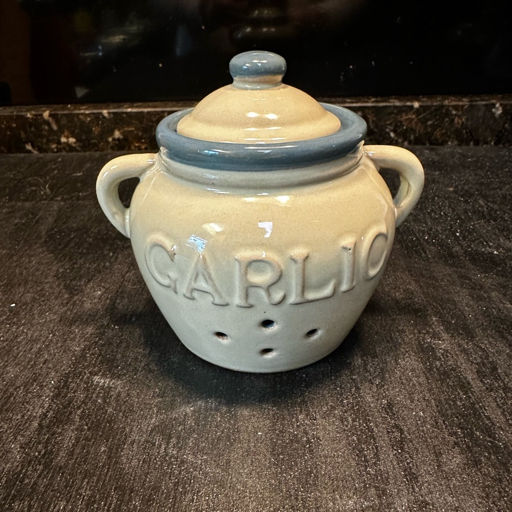 Ceramic Garlic Keeper with Blue Accents
